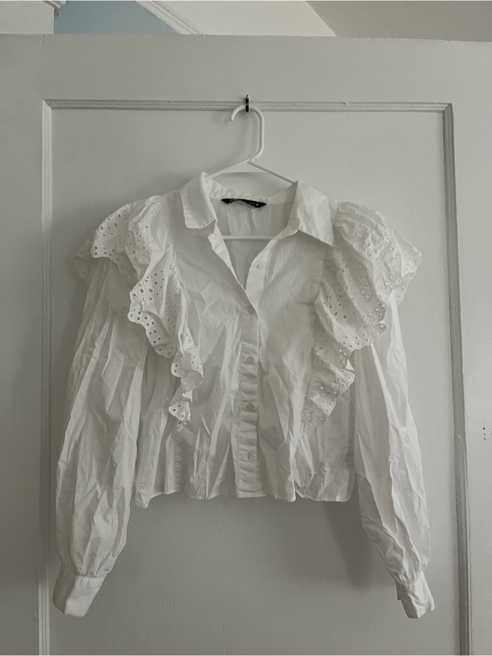 White Ruffled Eyelet Button-Front Blouse - Women